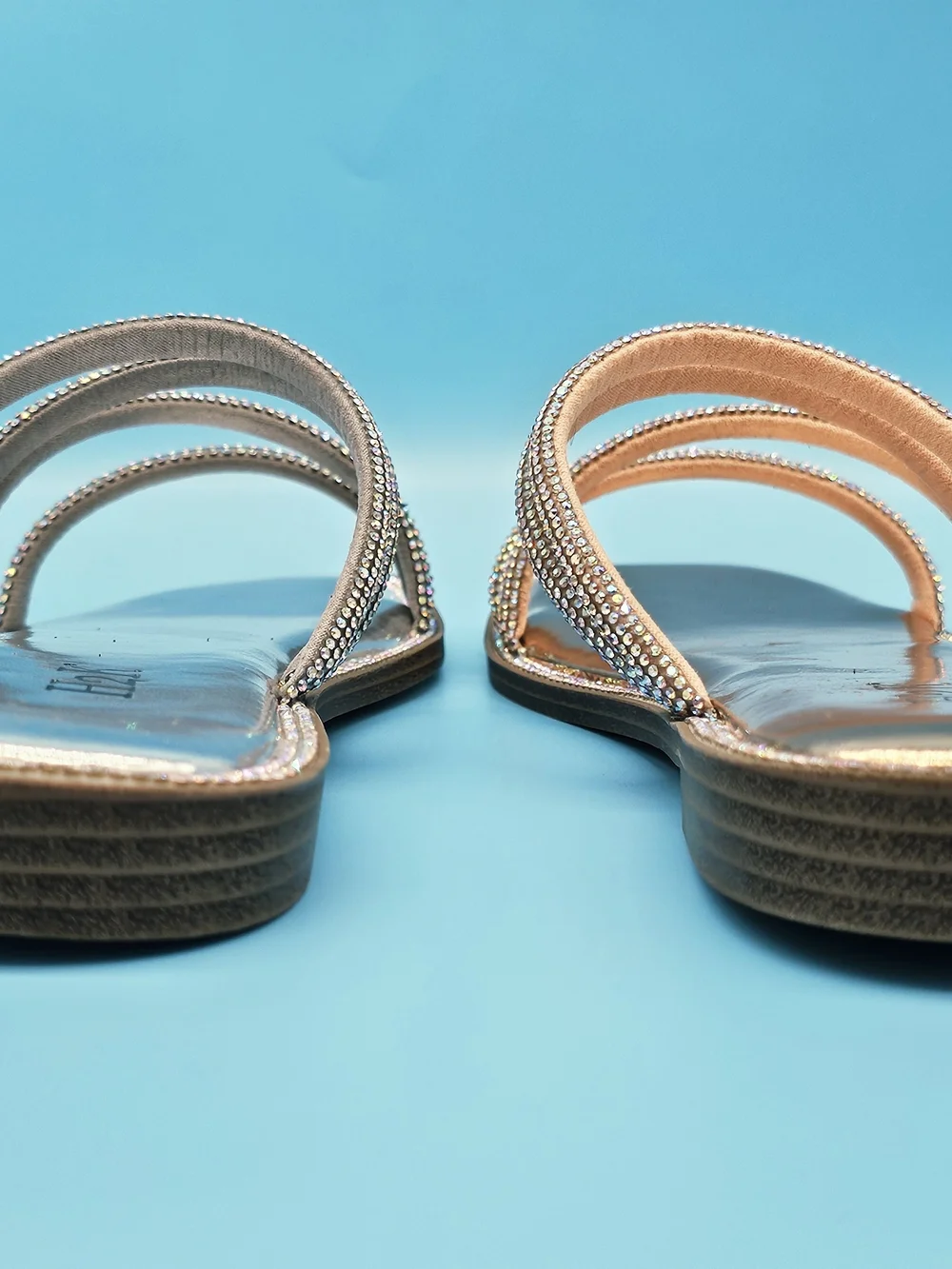 Women's Metallic Rhinestone Strap Slide Sandals - Rose Gold